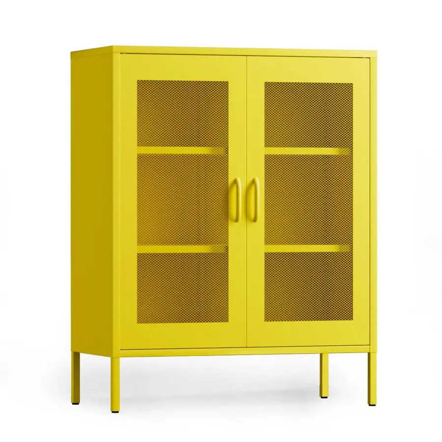 Metal Cabinet, Metal Storage Cabinets with 2 Mesh Doors and Adjustable Shelves, Locker Cabinet Storage for Coffee Bar TV Stand B