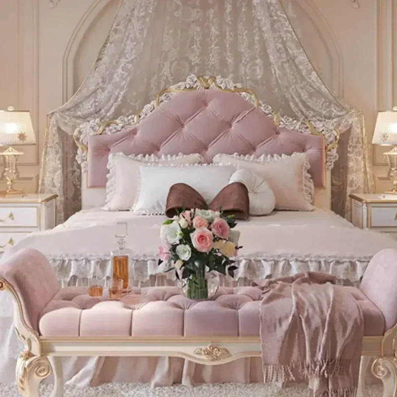 Lazy Design Bed Solid Wood Princess Terrace Apartment Classic French Bed Double Light Luxury Postmodern Cama Unique Furniture