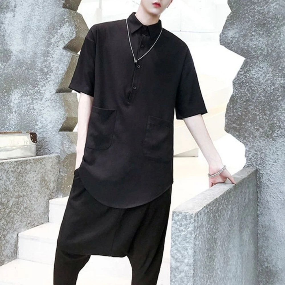 Mens Shirt Y2k Rounded Hem Mid-Length Slim Dark Style Shirt Streetwear Youth Campus Short-Sleeved Top Men'S Clothing 2025 New