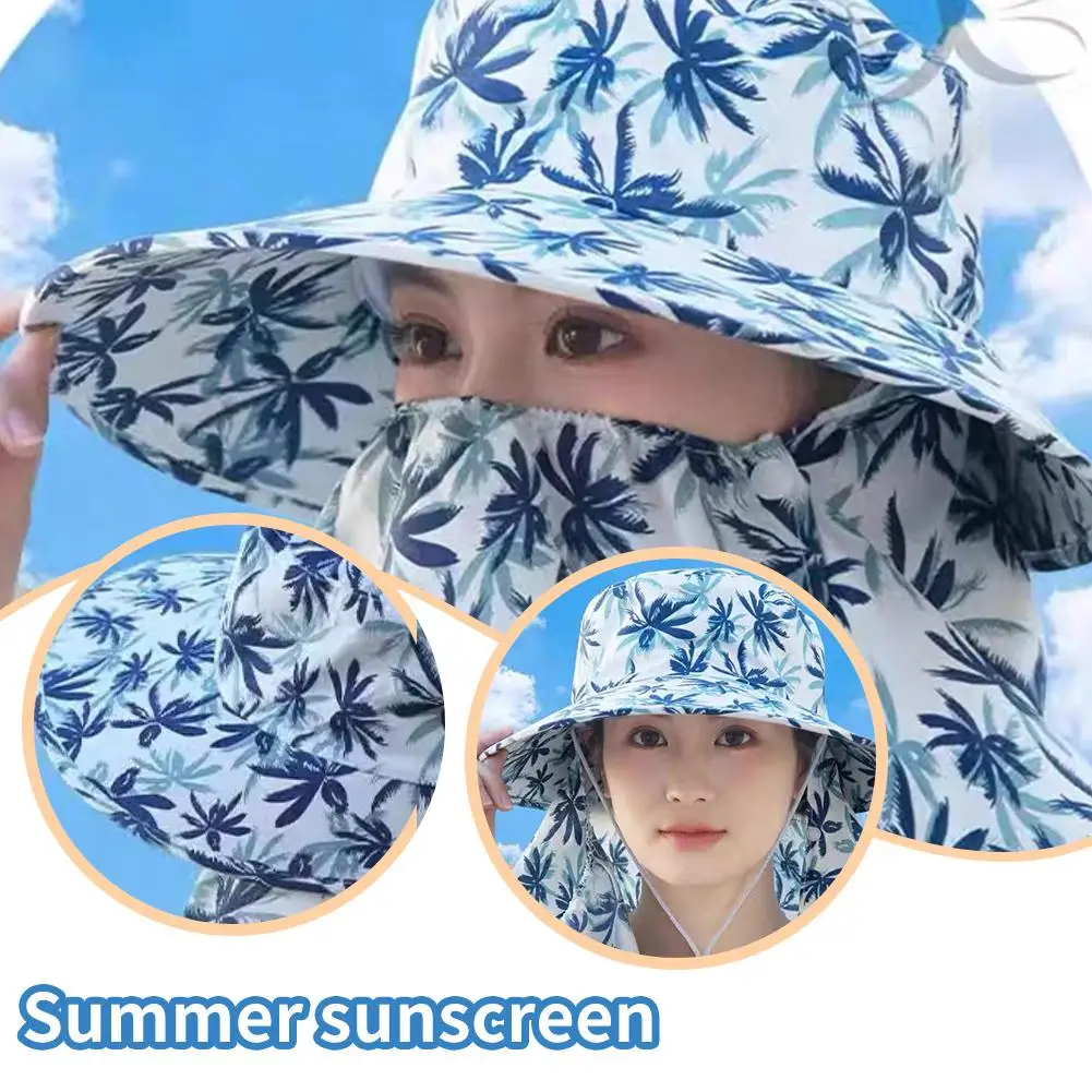 New Printed Summer Sunscreen Hat With Mask Sun Protection Hats UV Outdoor Anti Brim Breathable Working Cycling Wide Adjusta W5R4