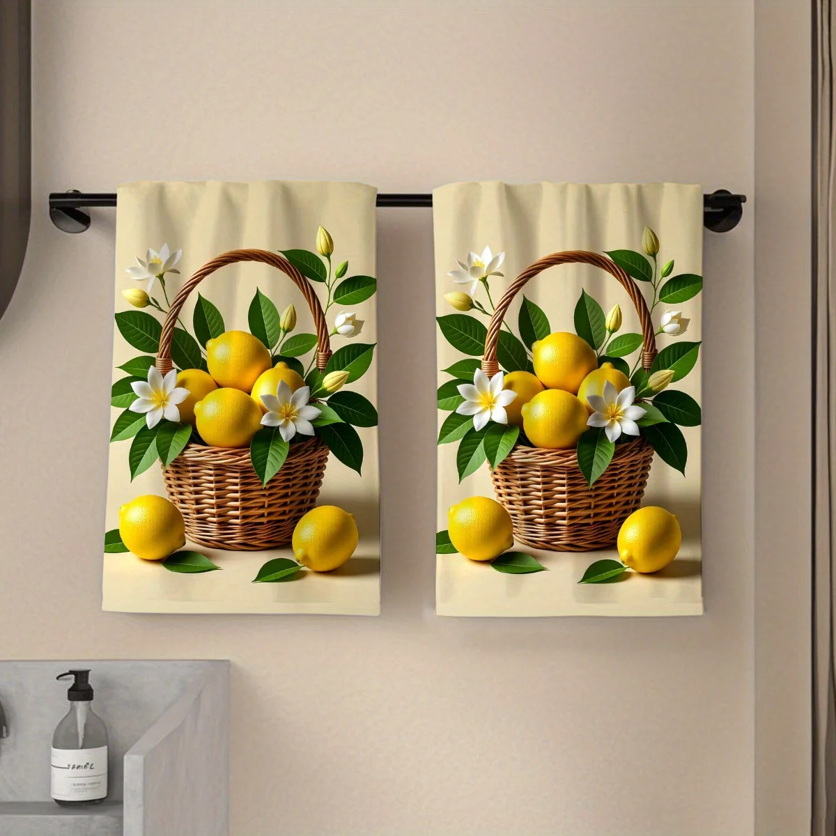 Flat 2D design, single-sided printed towel with realistic lemon pattern. Soft, comfortable, durable and odor-free