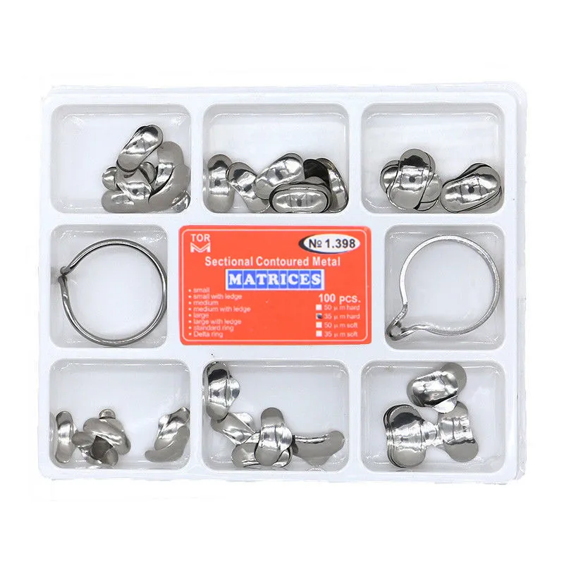 

100PCS Dental Matrix No.1.398 Sectional Contoured Metal Matrices With 2 Rings Set For Teeth Replacement Dentist Tools