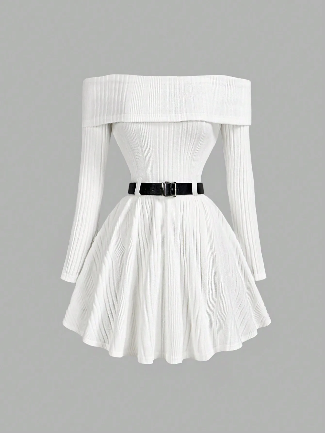 

White Off-Shoulder Long Sleeve Knit Dress with Belted Waist and Flared Skirt