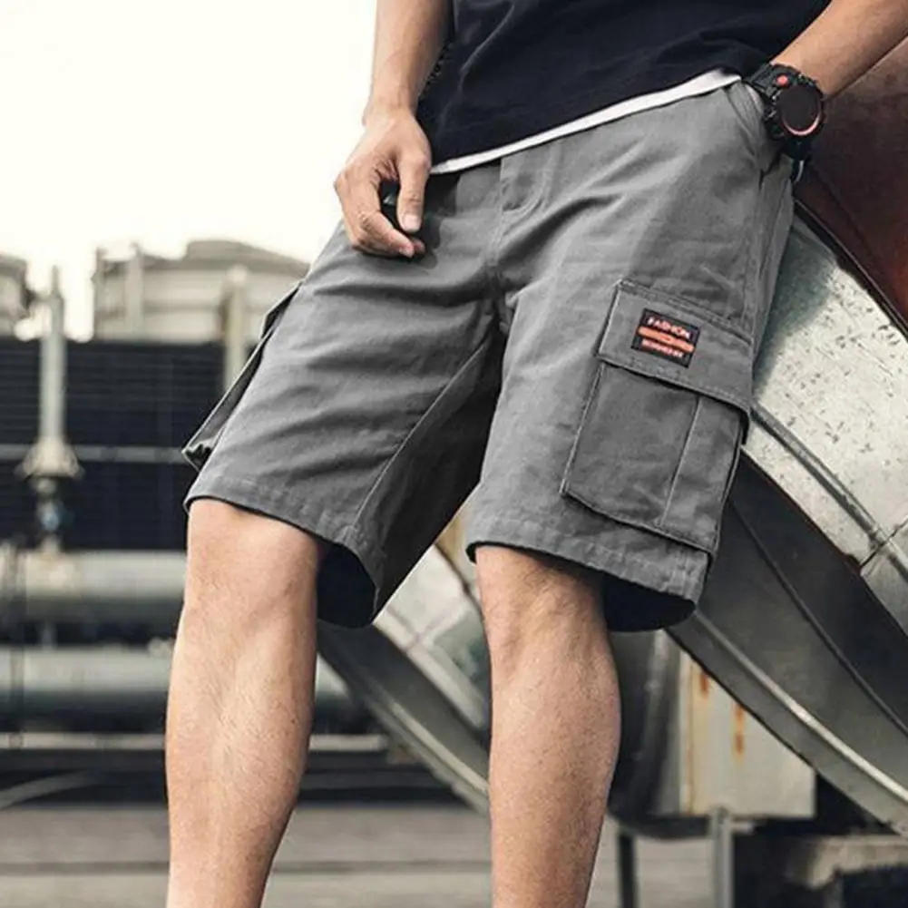 Men Cargo Shorts Loose Quick-drying Knee Length Shorts Solid Color Multi Pockets Straight Soft Breathable Mid Waist Pockets