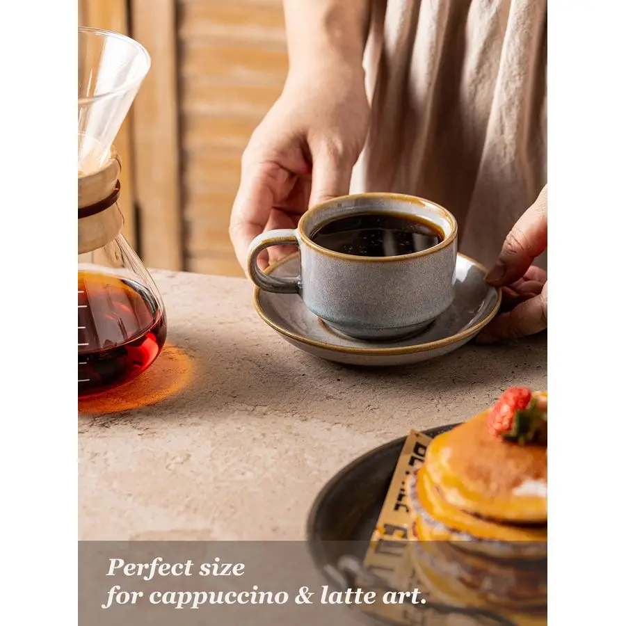 

6 Ounce Cappuccino Cups with Saucers and Metal Stand, Stackable Coffee Cup Set of 4, Christmas Porcelain Espresso Cups for Coffe