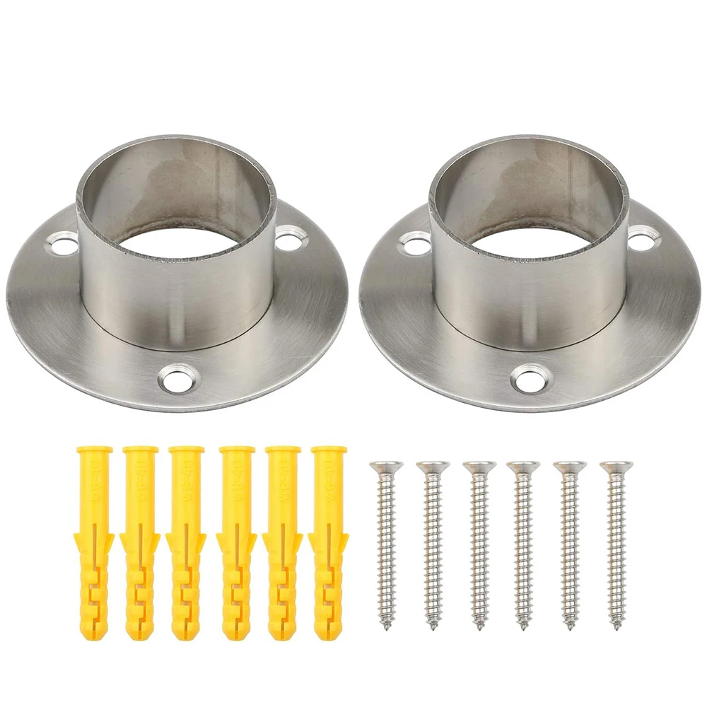 2Pcs Thickened Stainless Steel Round Tube Flange Base, Wardrobe Clothes Rail & Drying Rod Mount Bracket