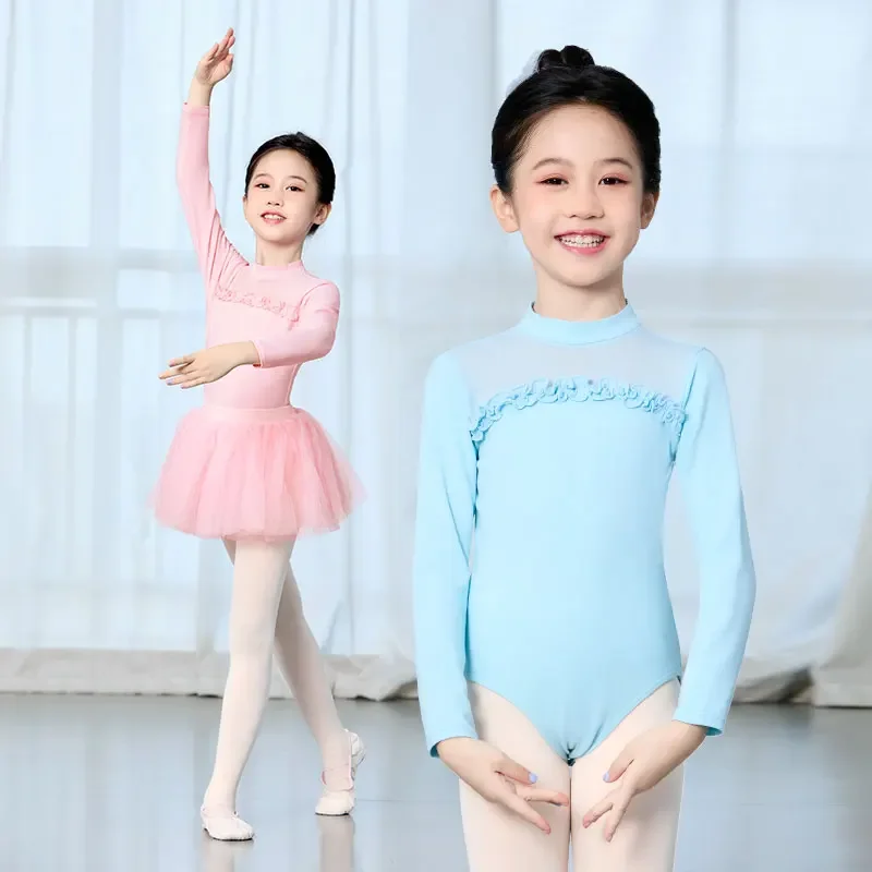 

Балетные трико для девочек, хлопковое сетчатое кружевное танцевальное трико с длинными рукавами, гимнастическое трико, детское балетное боди, танцевальные костюмы