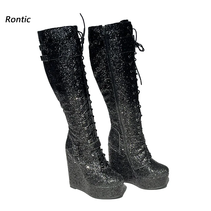 Rontic New Women Winter Knee Boots Platform Wedges Heels Round Toe Pretty Black Glitter Party Shoes US Size 5-20