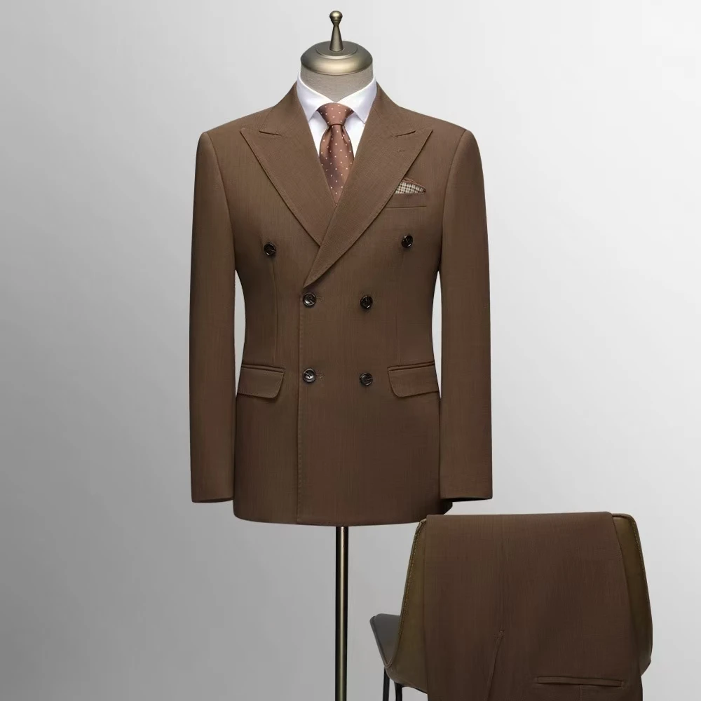 

High Quality Brown Men's Suits Double Breasted Bespoke Double Breasted Peaked Lapel Formal Blazer Slim Fit 2 Piece Jacket Pants