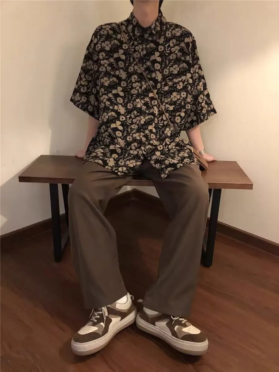 Hainan Island Beachwear Ice Silk Short Sleeve Men's Shirt Travel Hawaii Flower Print Casual Loose Fit Polyester Fiber Shirt