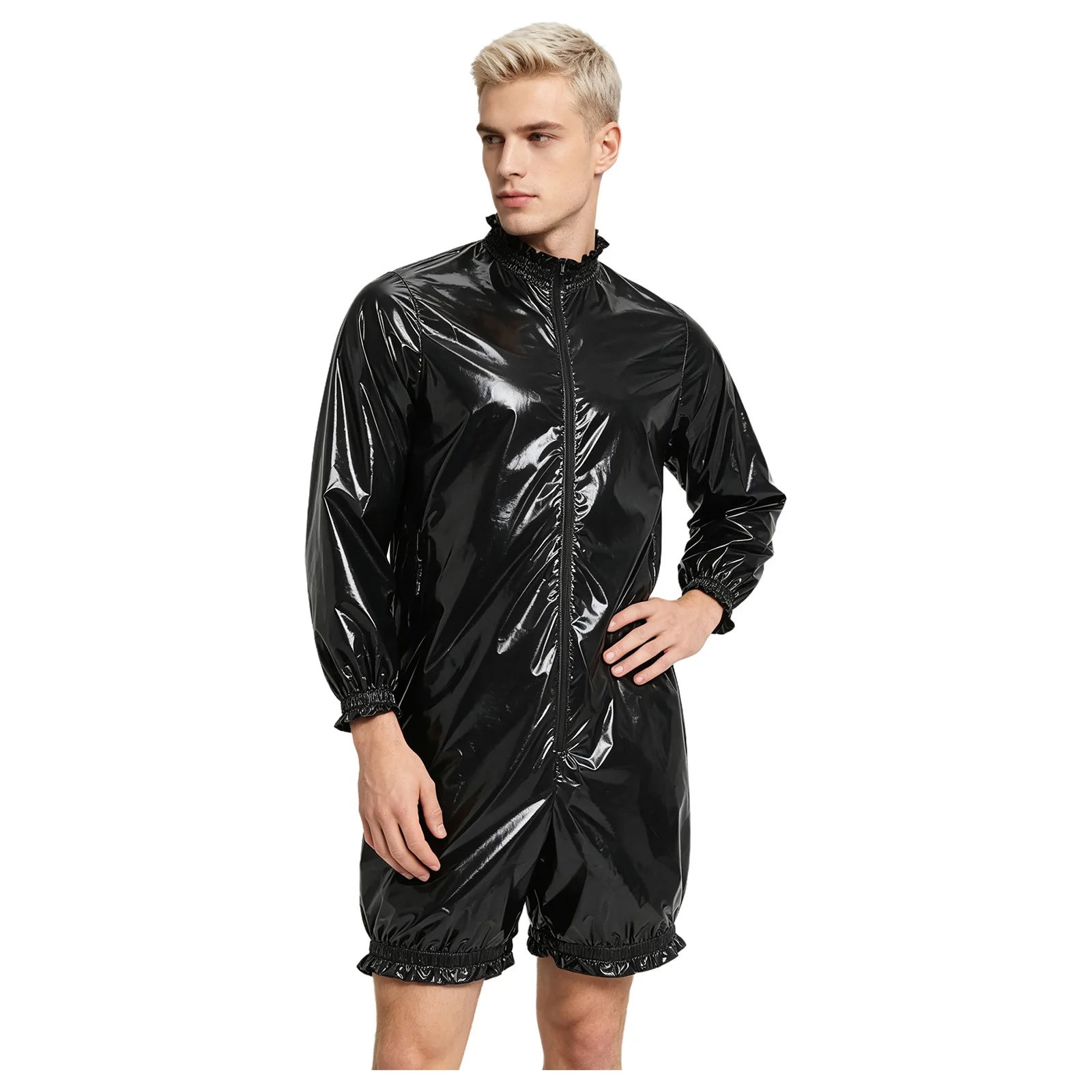 Herren Wasserdichter Vinyl-Bodysuit Badeanzug Langarm Vorderer Reißverschluss Kurze Hose Leotard Overall Gerüschter Windelüberzug Einteiler – Detail 13