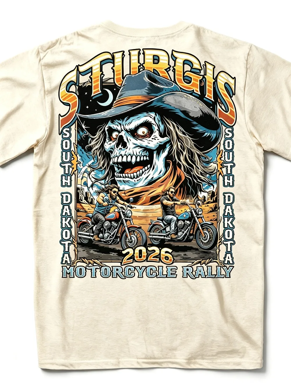 2026 Now Men Sturgis Short‑Sleeve South‑Dakota Cowboy‑Skull Western‑Biker Graphic Crewneck Casual Top for Moto‑Rally  Biker‑Gift