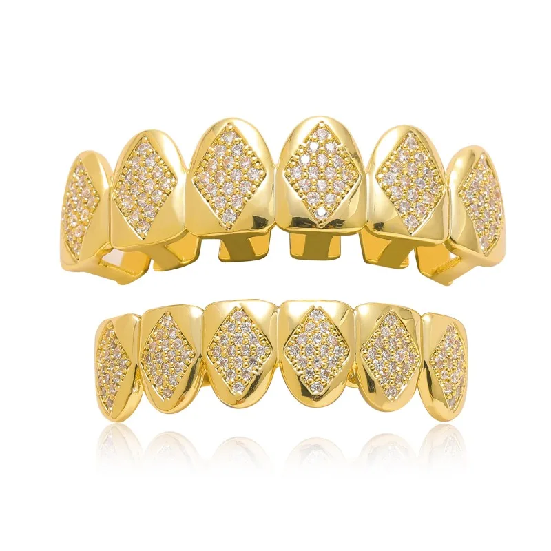 

Hip Hop Iced Out Zircon Rhombic Tooth Grillz for Men Body Piercing Jewelry Christmas Gold Teeth Grills 8/8 Bottom Top Cap Set