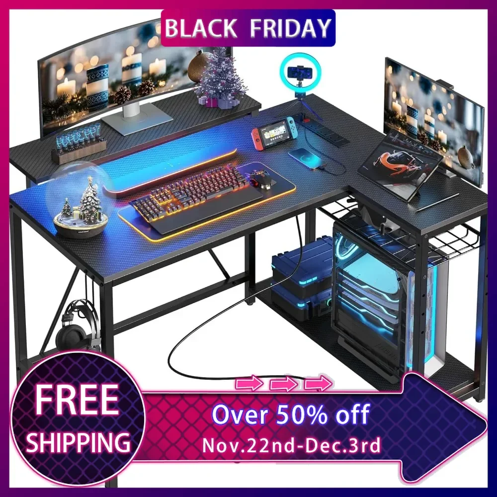 

Small Gaming Desk with Power Outlets,42 L Shaped LED Computer Desk with Stand Reversible Shelves,Corner Gamer Desks