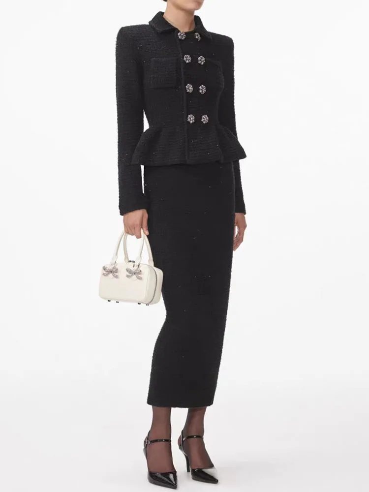 Woman clothingy2k fall and winter double-breasted drill sequins tweed long-sleeved Dresses2024 Slim and thin dresses for prom