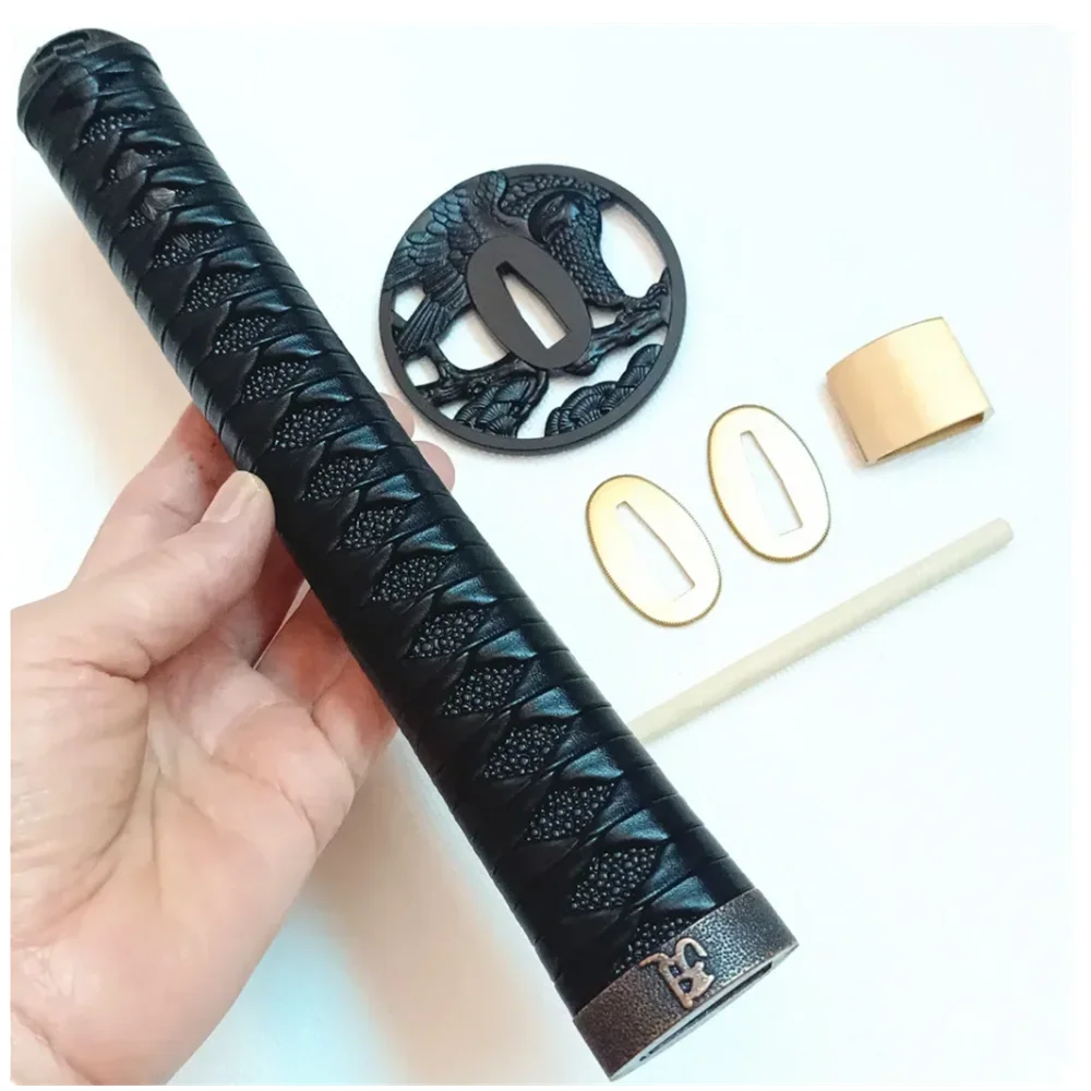 27cm Tsuka Handle Tsuba Black Imitated Rayski with Black leather Ito For Japanese Samurai Sword Katana/Wakizashi Fittings