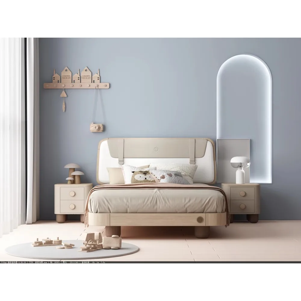 Cama doble nórdica para niños Byron, cama larga, cabecero de madera maciza, muebles modernos para dormitorio infantil, uso escolar en Hotel