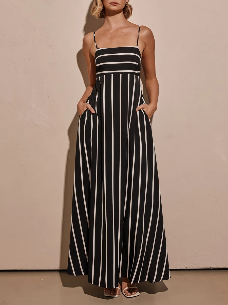 New Women Spaghetti Strap Sleeveless Dress Summer Striped Print A-Line Party Dress For Vacation Cocktail Beach Streetwear S M L