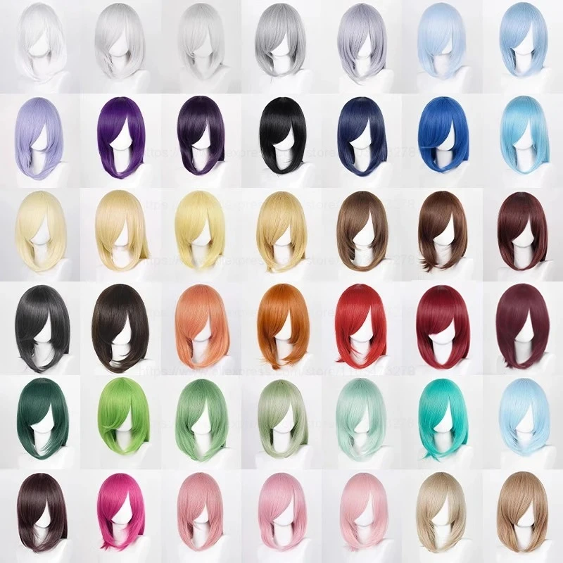 

40cm Medium Basic Anime Cosplay Wig Bang Blond Black White Red Pink Green Brown Gold Blue Heat Resistant Synthetic Hair Wigs
