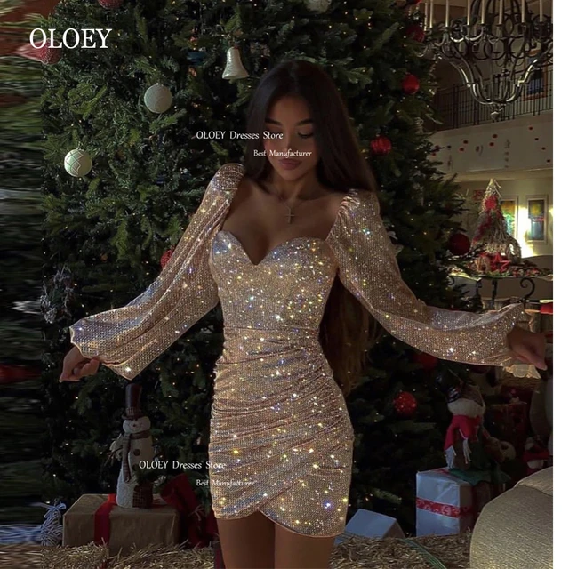 OLOEY Sparkly Champagne Short Evening Party Dresses Dubai Arabic Women  Shiny Mini Cocktail Dress Formal Event Night Gowns