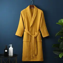 Long Waffle Bathrobe Unisex Men's V Neck Lace-up Nightgown with Pockets Loose Long Sleeve Sleepwear Towel Bathrobe for Hotel