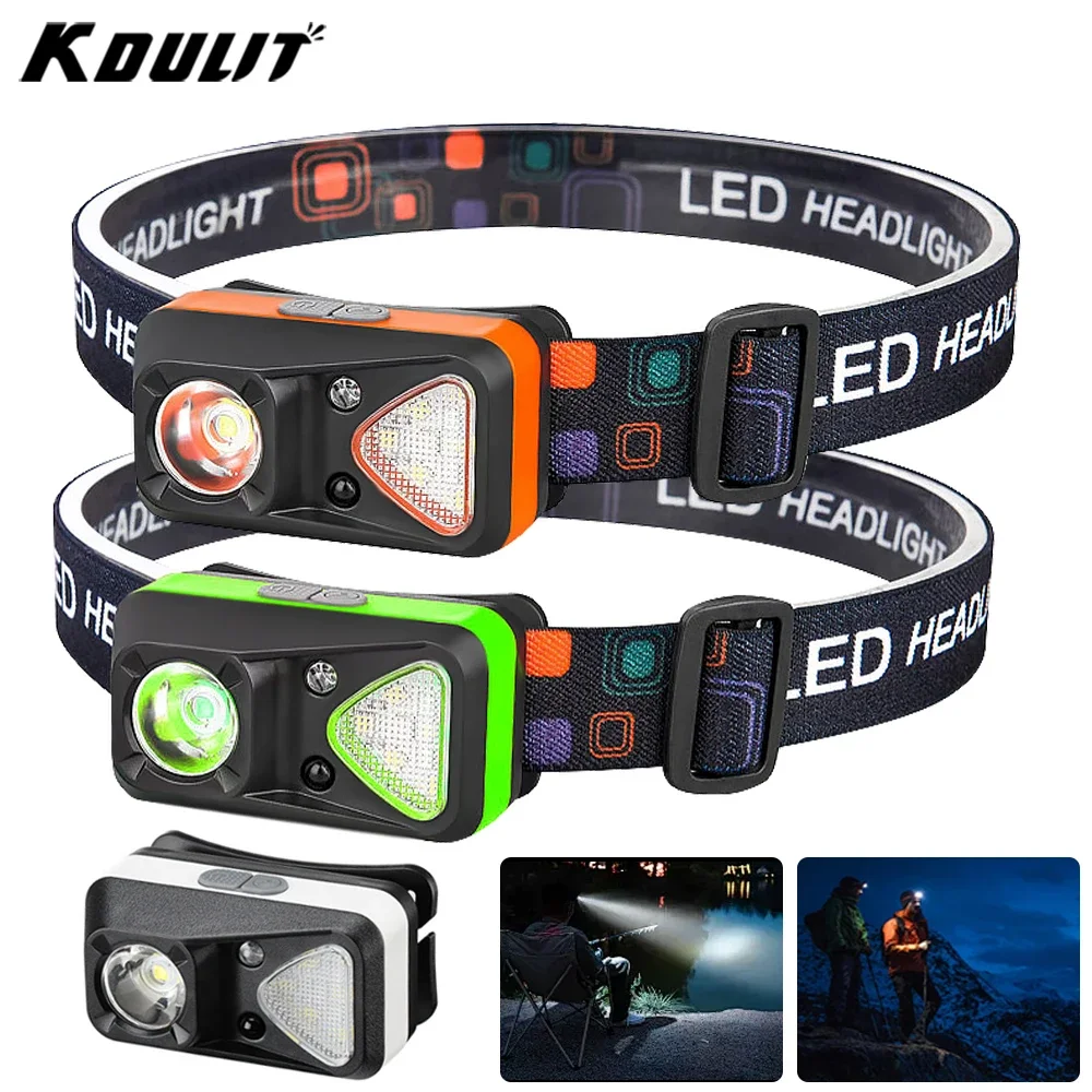 KDULIT Induction Headlamp Dual Light Source Powerful Lamp USB Rechargeable Torch Outdoor Portable Mini Red Light Warning Light