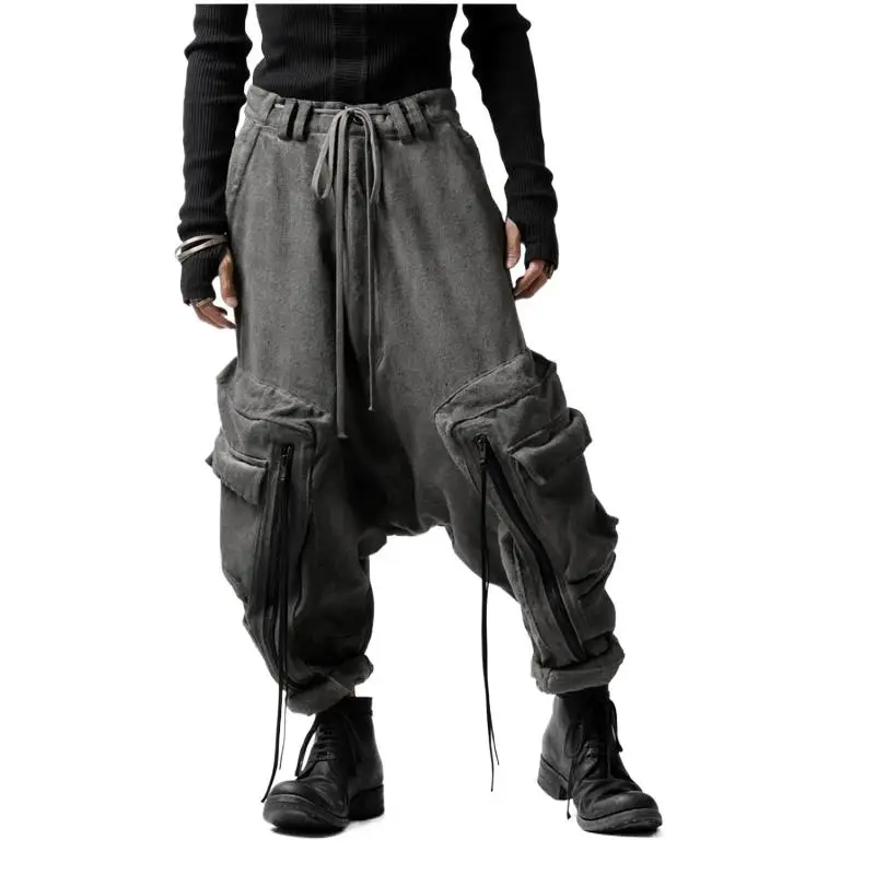 

Avant-Garde Style Wear Dark Retro Distressed Tie-Dye Washing Water Wasteland Multi-Bag Ankle-Tied Pants Men