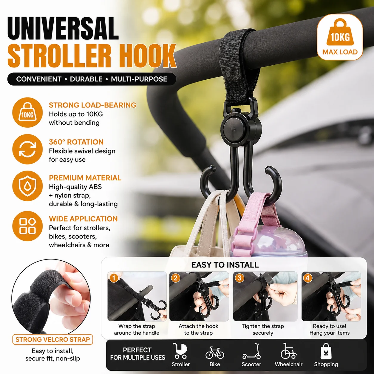 2PCS Universal Stroller Organizer Hooks Heavy Duty Hanging Clips for Pram Shopping Cart Bike