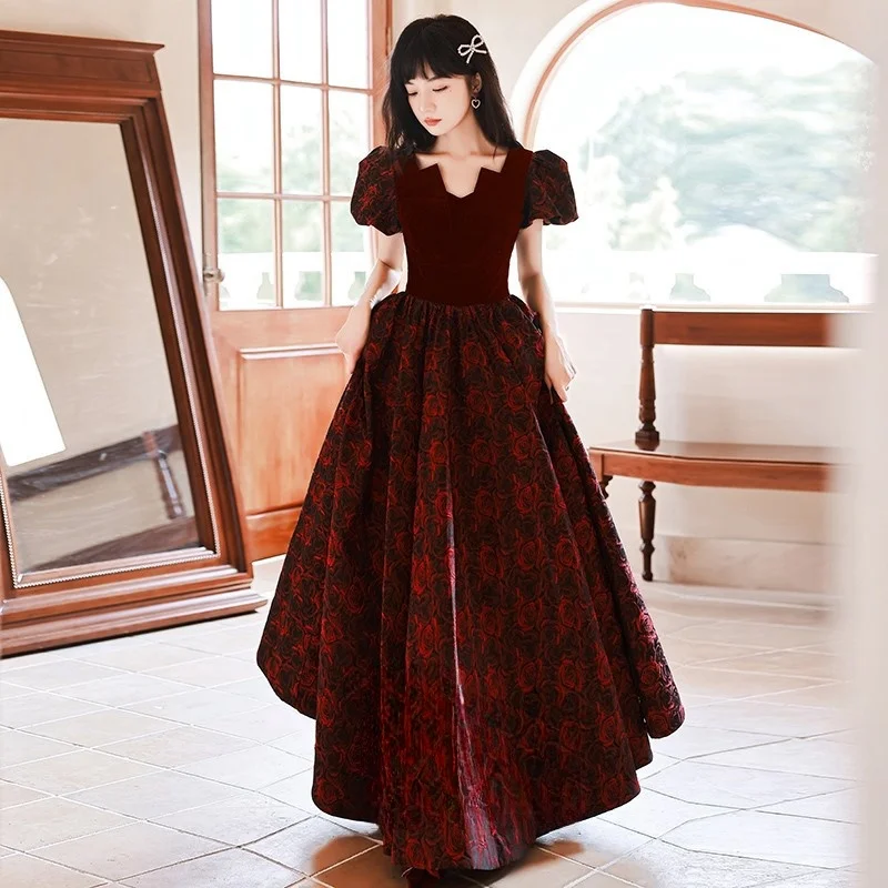 Banquet elegant temperament wine red long toasting dress