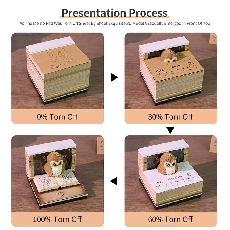 Time Piece Calendar 2026 Desk Calendar With Light 3D Magic Owl Calendar Paper Carving Art Memo Pad Notepad Gift for Christmas