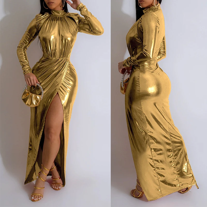 OMSJ Women Metallic Glitter Full Sleeve Formal Maxi Dress Pleated Split Cut Out Elegant Evening Dresses Autumn Party Clothes