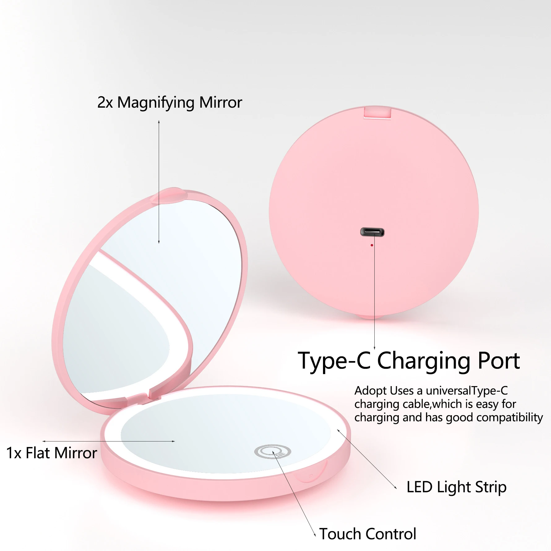 充電式両面ポケットミラー,コンパクトなバニティミラー,3色ライト,調光可能,小さなウォレットミラー,倍率1〜2倍