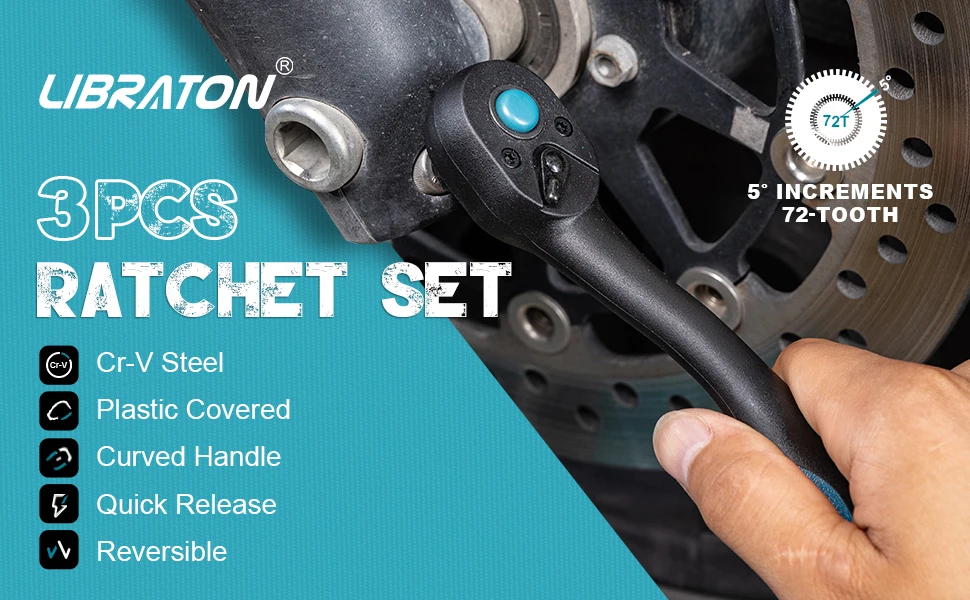 Libraton Ratschensatz, 1/4" 3/8" 1/2" Ratschengriff 3er-Pack, Ratschensatz mit Komfortgriff für die Hauswartung und Autoreparatur – Detail 1