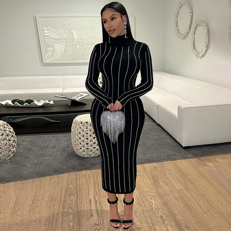 

SKMY High End Casual Fashion Long Sleeved Dress With Striped High Neck Slim Fitting Evening Dress, 2023 New Women's Clothing