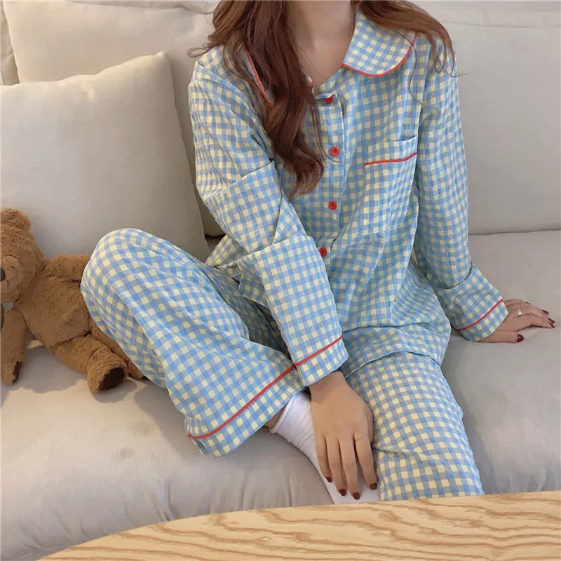 Long-Sleeved Pyjamas Female Autumn and Winter Leisure Korean Ins Style Students Plaid Doll Collar Blue Plaid Homewear Suit