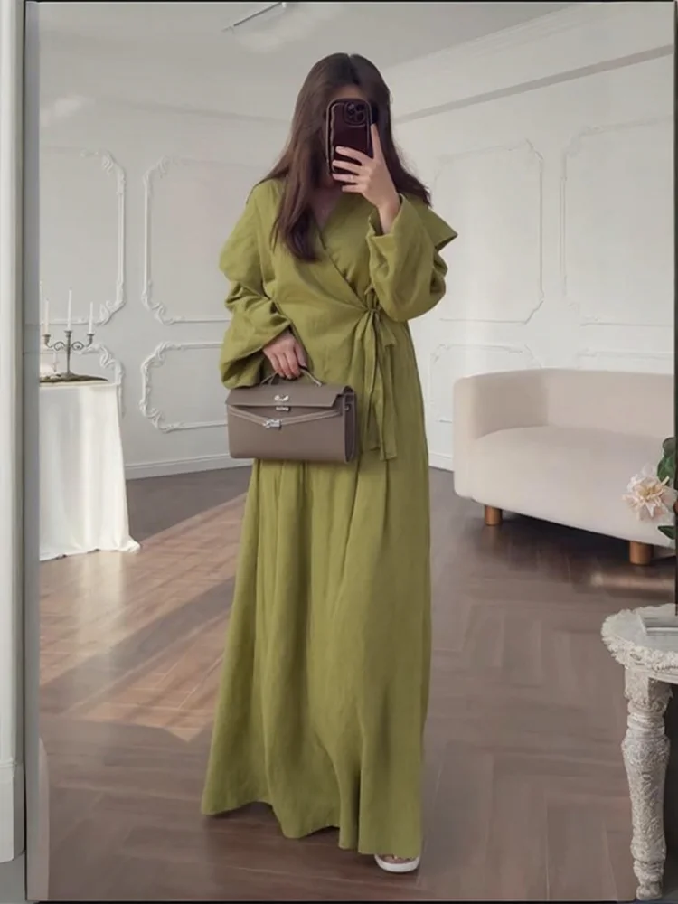 

Slanted Collar Lace Up Shirt Half Skirt Two Piece Set Green Deep V Button Loose Casual Solid Color Shirts Top Blouse Long Skirts