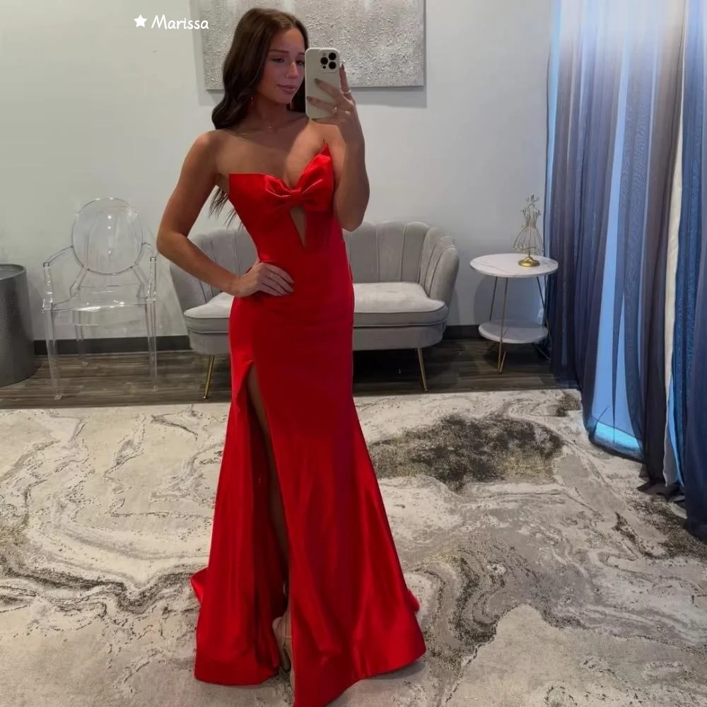 

Marissa Side Slit Exposed Shoulders Evening Dresses for Special Occasions Fishtail Long Floor Mopping Custom Made Red Bow Prom