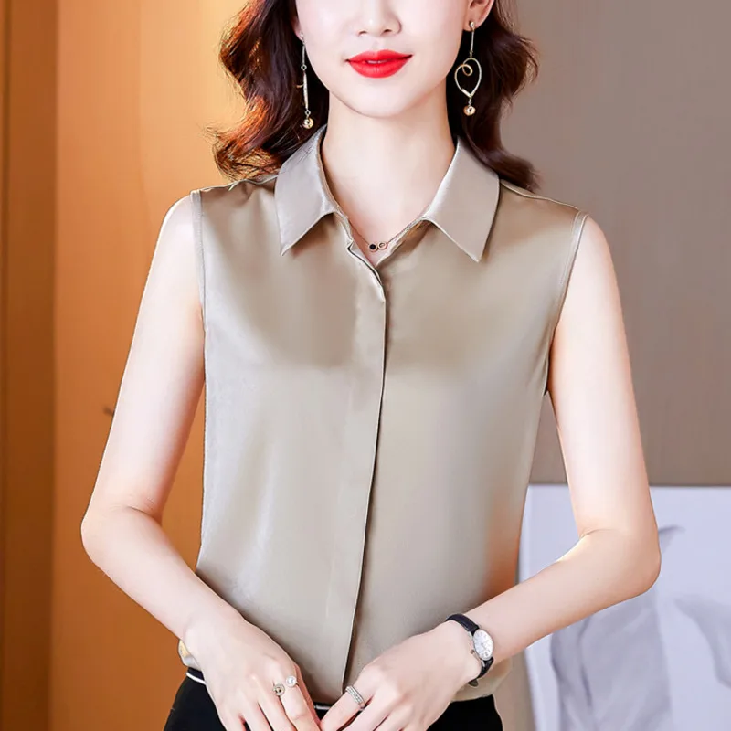 #2501Woman Tops And Blouses Satin Woman Shirt Summer Sleeveless Vest Covered Button Vintage Office Lady Thin Slim Red White Grey