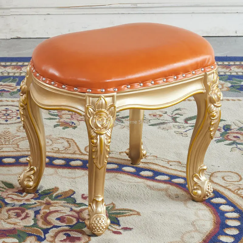 European Style Shoe Changing Stool, Solid Wood Carved Cowhide Waist Stool, Tea Table Stool High-end Luxury Home Furniture