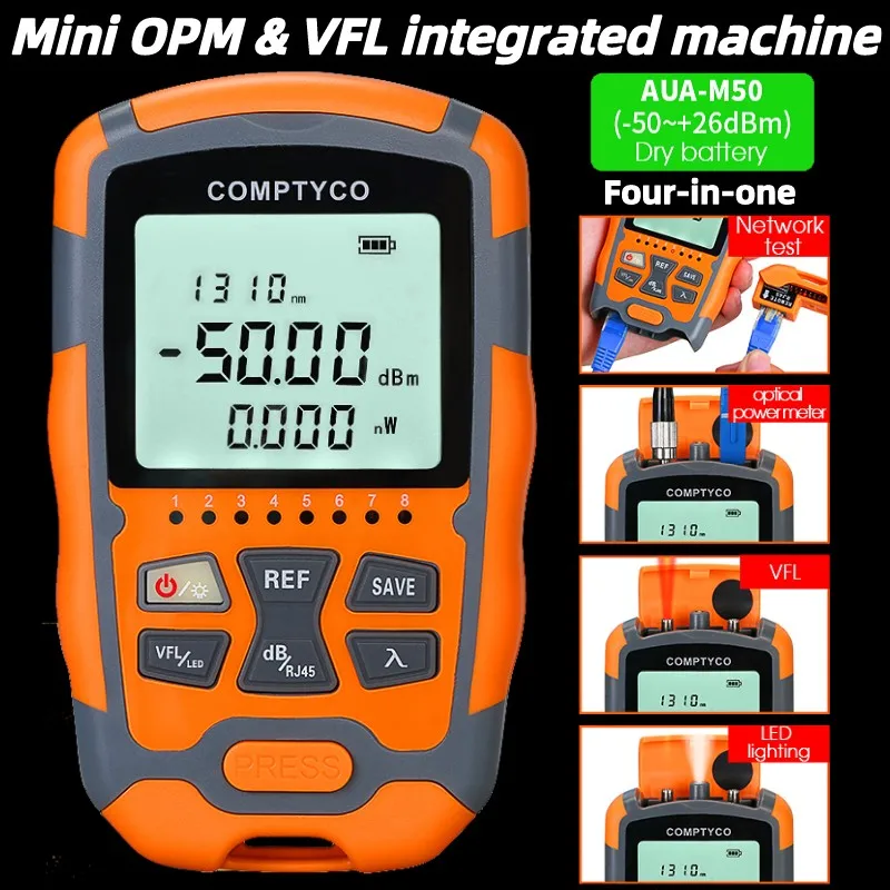 AUA-M50 Mini Optical Power Meter -50~+26 OPM+Visual Fault Locator(1-50mw VFL)+RJ45 Network Tester FTTH Fiber Optic Testing Tool