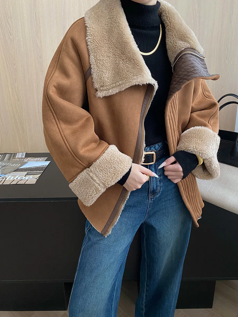 Veste ample et chaude pour femmes, couleur unie, style moto rétro, fausse fourrure, une pièce, revers