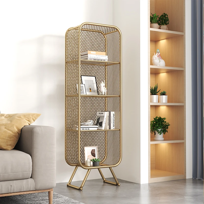 Nordic Nanogold Mesh Metal Bookshelf Kids Room Storage Stand Floor Display Rack for Books Sundries Modern Home Organizer