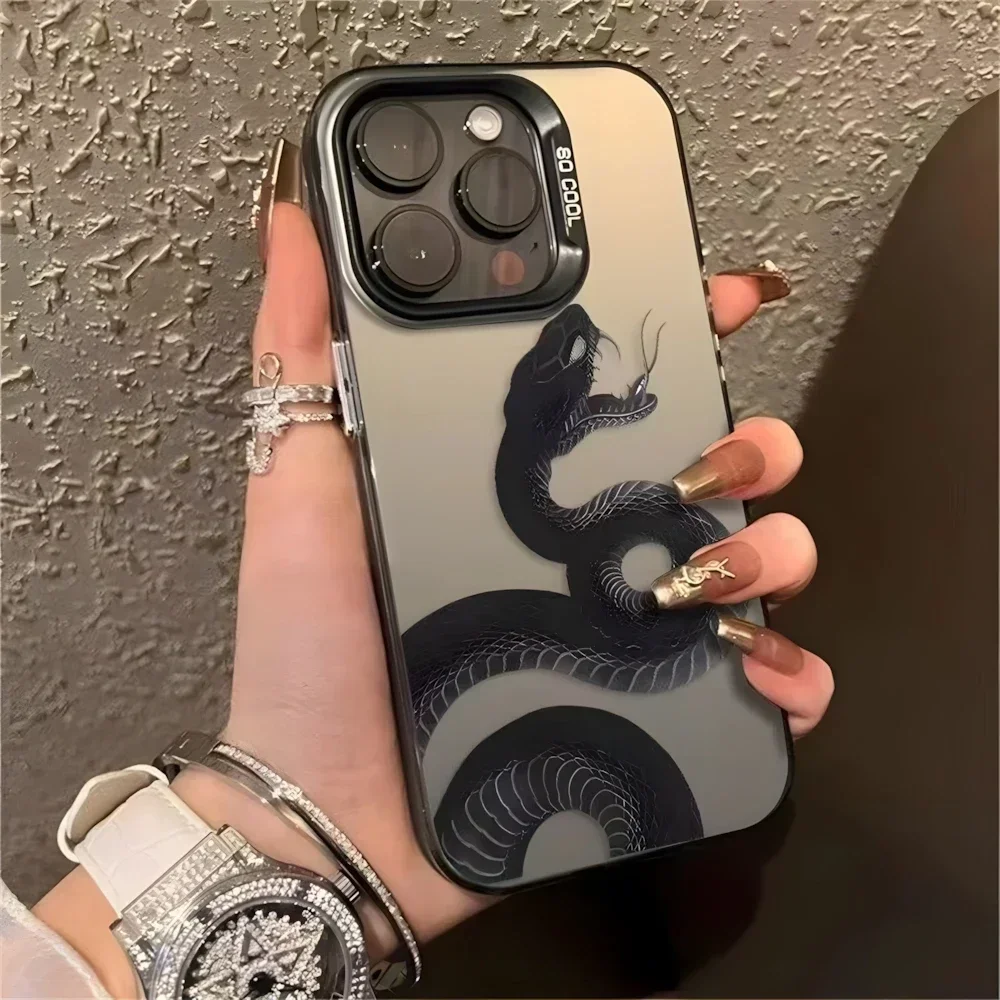 Cool Black Python Case for iPhone 15 16 Plus 11 12 13 14 Pro Max XR Impact-Resistant Snake Serpent Hard Matte Cover for Men Boys