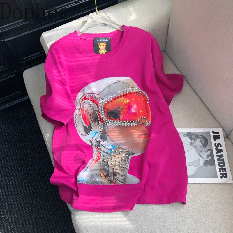 

Original 2025 New Spring Summer Women Short Sleeve T-shirt American Street Print Diamonds O-neck Pullover Top Cotton Basic Tees