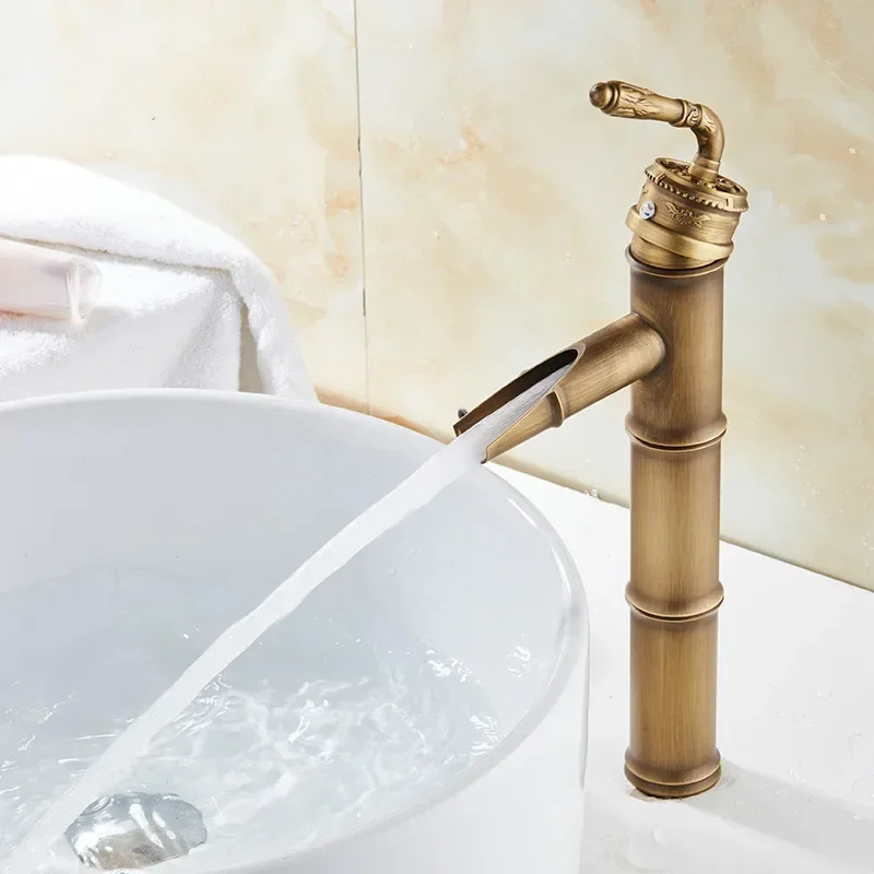 Brass Faucet Bathroom Bamboo Waterfall Faucet Hot and Cold Mixer Taps Retro Single Handle Antique Deck Mounted Sink Taps