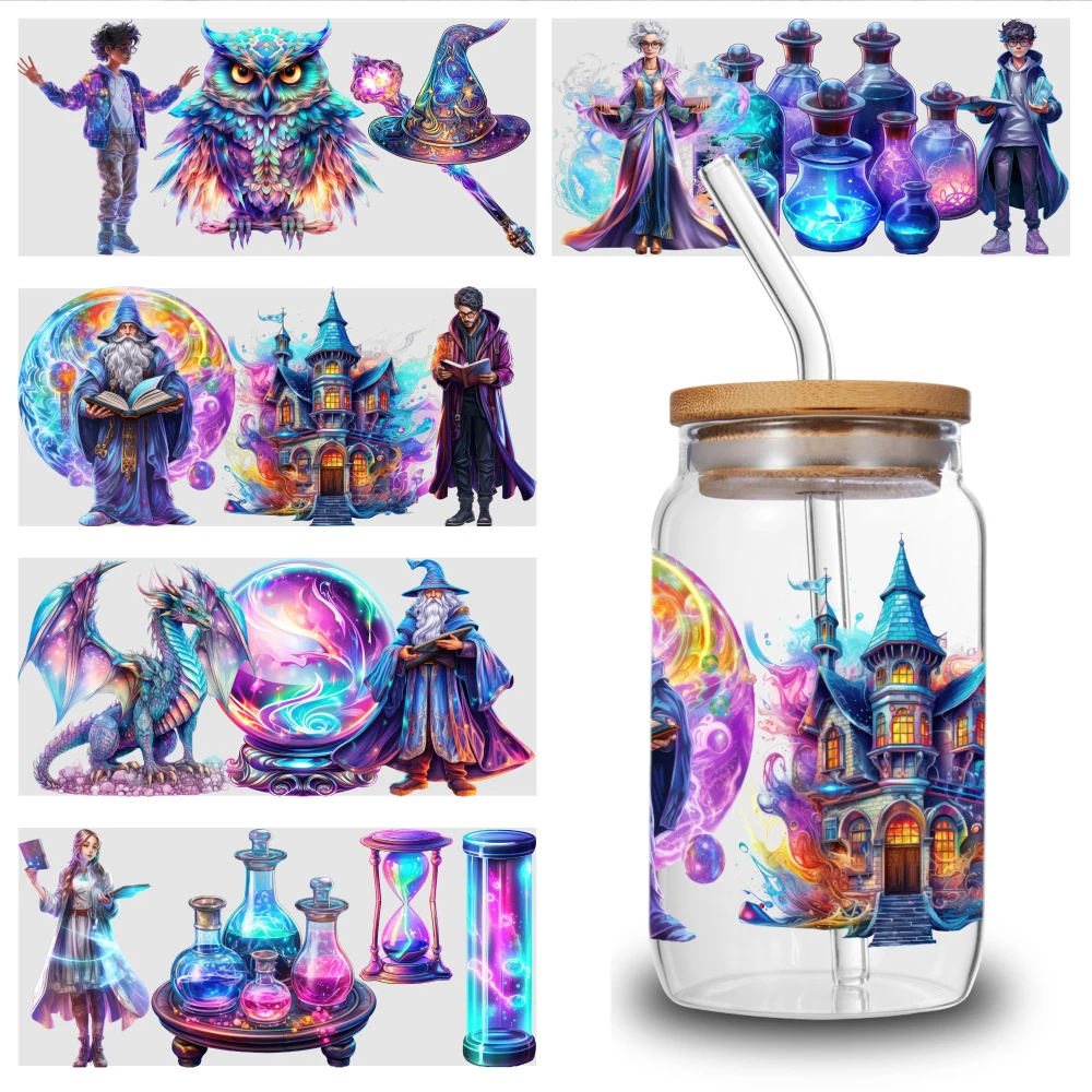 5 Sheets Magic Castle Wizard Dragon Owl Potion Flask Hourglass Moon Star UV DTF Stickers UV DTF Stickers Waterproof Rub on