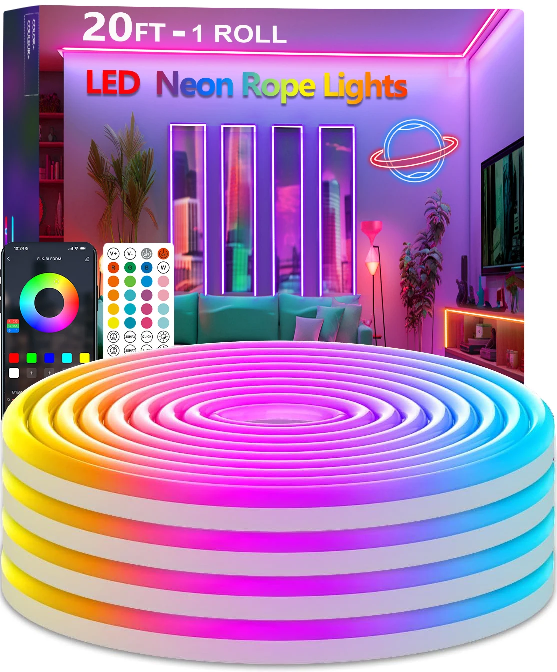 20Ft Neon Rope Lights,Flexible Led Rope Lights Control with App/Remote,Multiple Modes Rope Lights,IP67 Waterproof,Music Sync