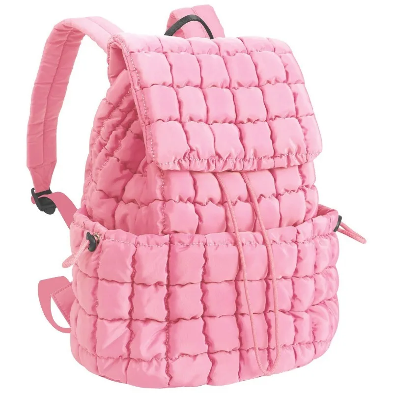 Down Plaid Backpack for Women, Fashionable Pleated Cloud Bag, Commuting Travel, Large Capacity Backpack