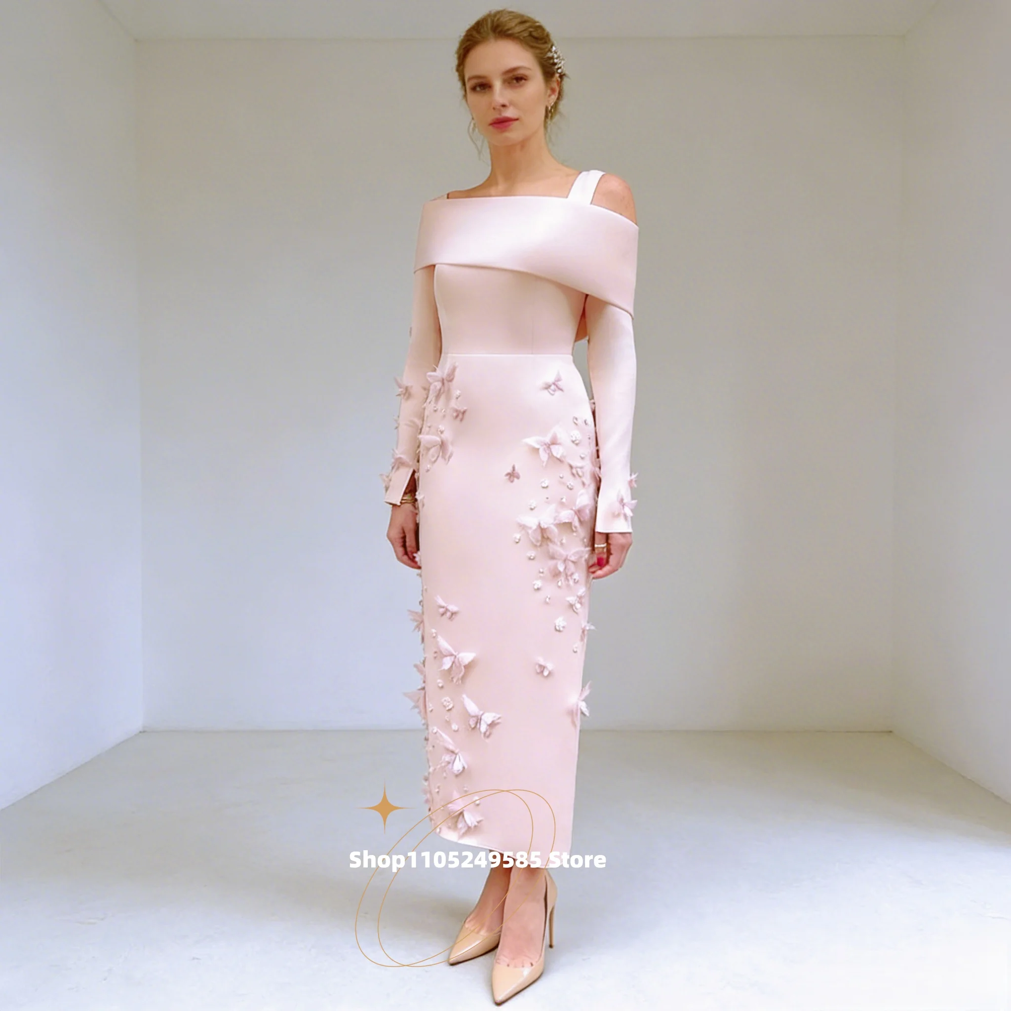 Jasnoróżowa, elegancka sukienka dla matki panny młodej/pana młodego, z motywem motyla, długie rękawy, sukienki dla gości weselnych, szyte na miarę.