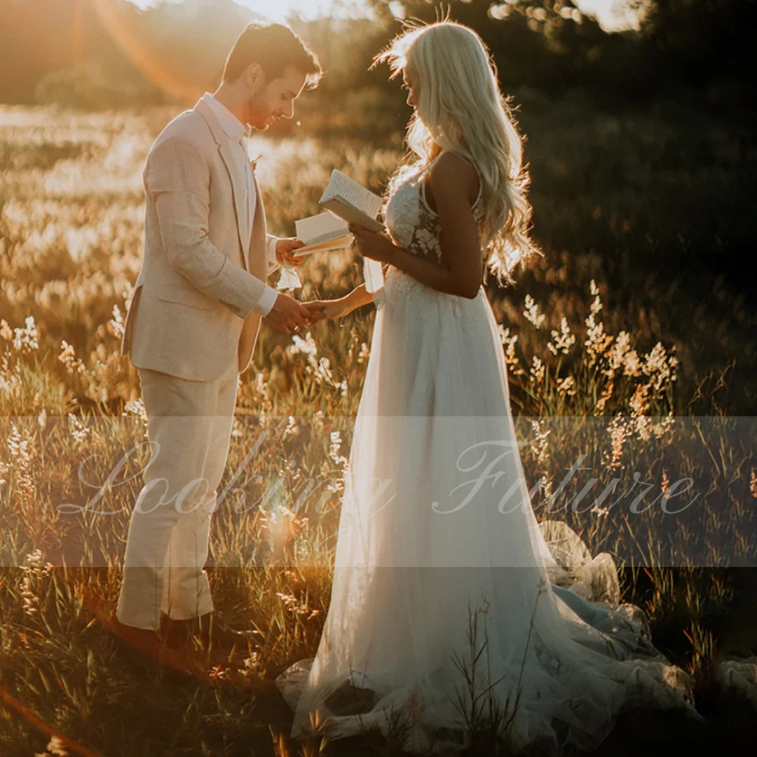 Morden Spitze Tüll eine Linie Hochzeit lange Kleider Spaghetti träger V-Ausschnitt Brautkleider 2024 Blumen druck rücken freie Applikationen Kleider